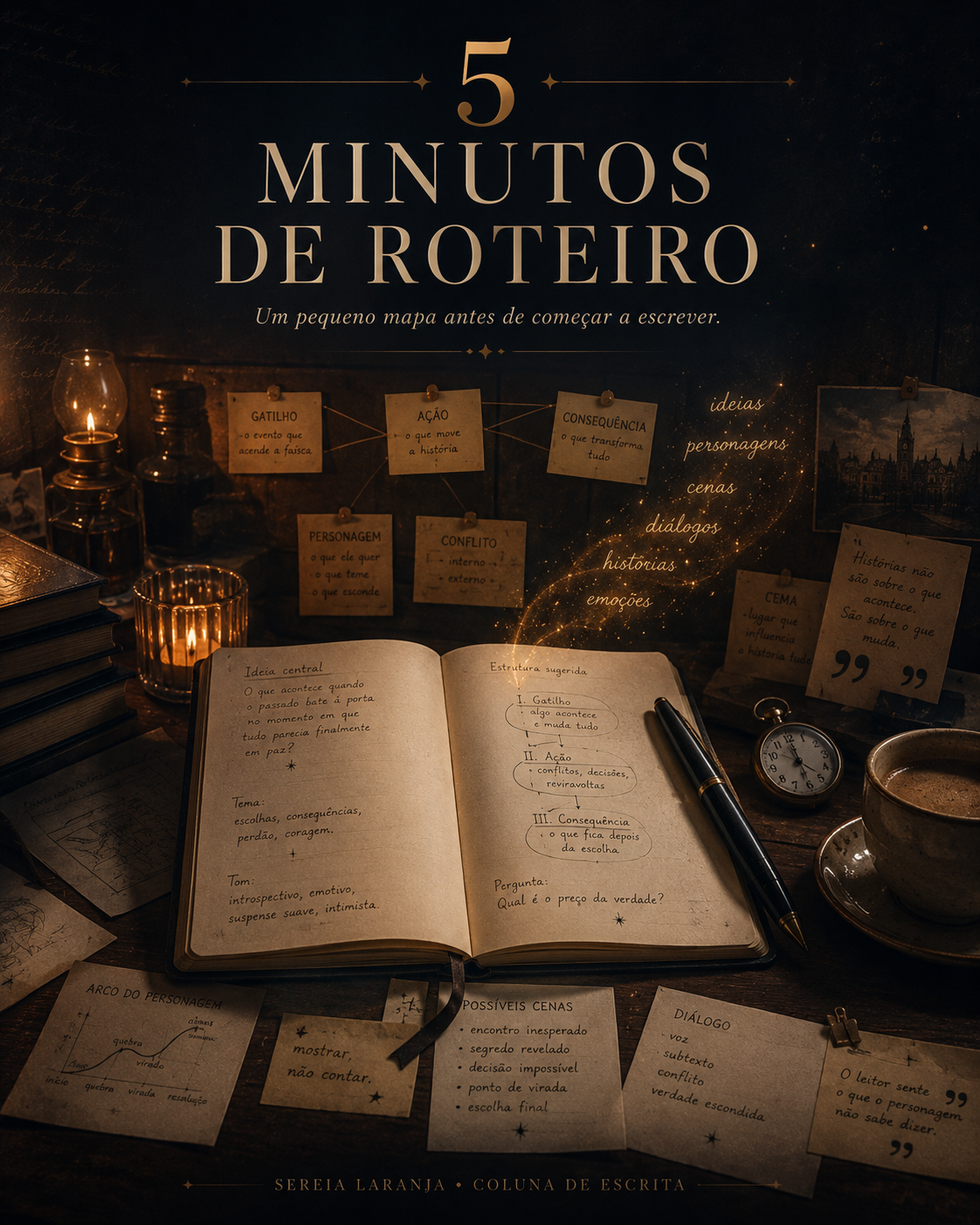 Capa de 5 minutos antes de escrever: como planejar uma cena sem travar