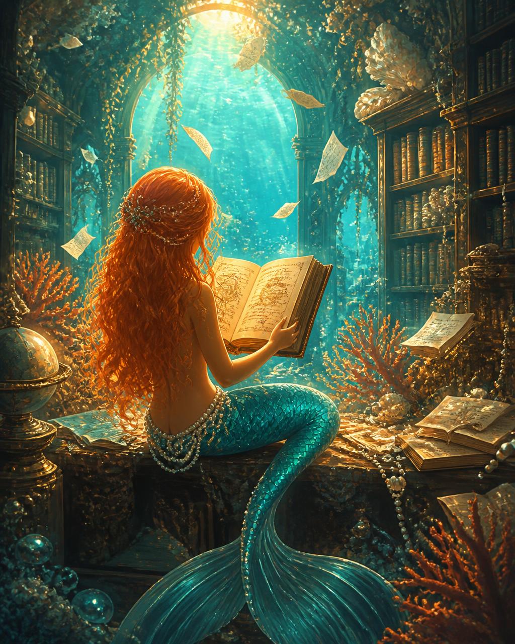 Ilustração conceitual da Sereia Laranja lendo em uma biblioteca submersa